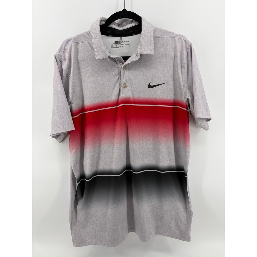 Nike Golf Polo Shirt, Gray/Red Ombre, Dri-Fit Colorblock Gradient Stripe, Medium